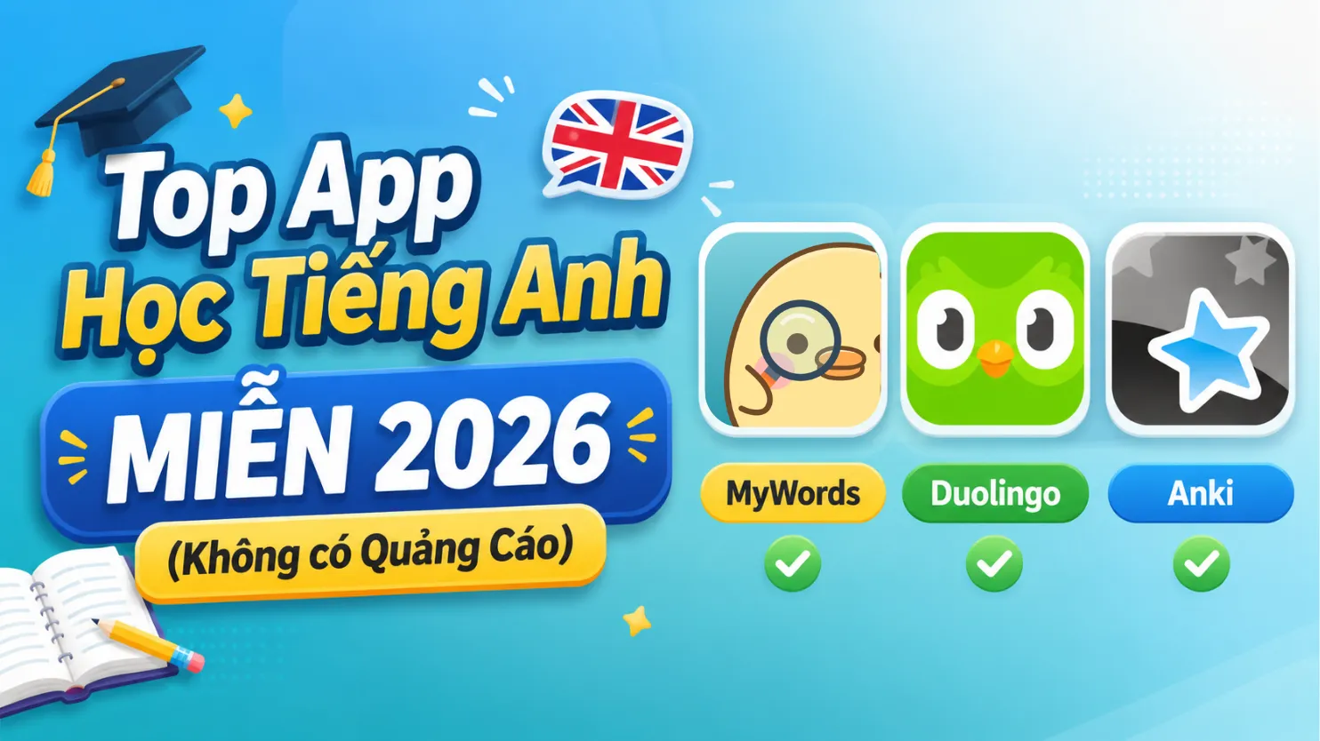 Top App Học Tiếng Anh Miễn Phí Tốt Nhất 2026 (Không Quảng Cáo)